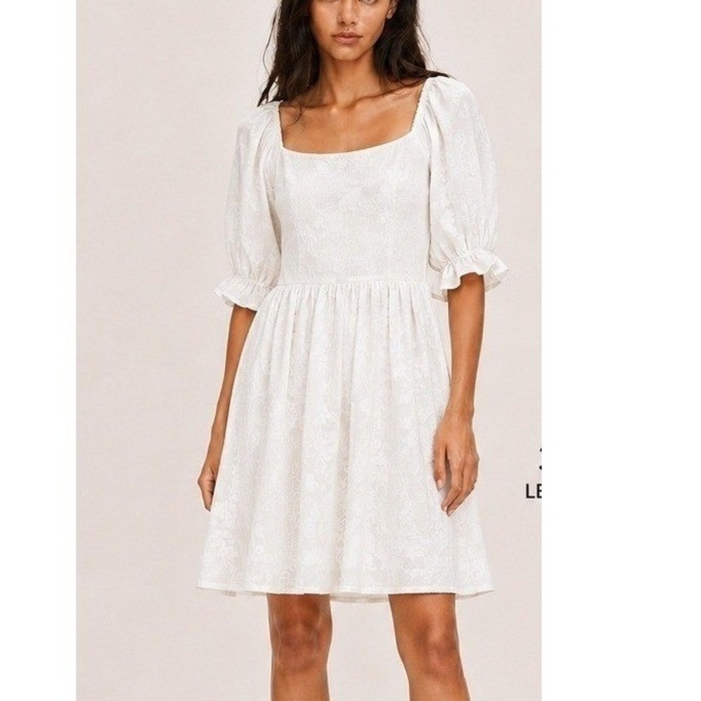 French Paris White Floral Jacquard Puff Sleeve Mini Dress Square Neck Small